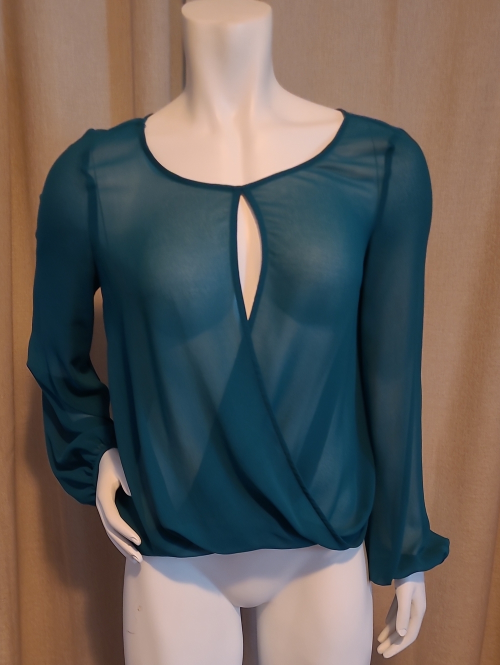 bebe Teal Sheer Keyhole Wrap Blouse